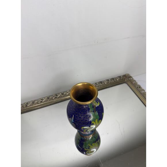 Vintage Cloisonné Vase 6" Floral Oriental Jar~Blue Enamel Pink Florals - Picture 4 of 9